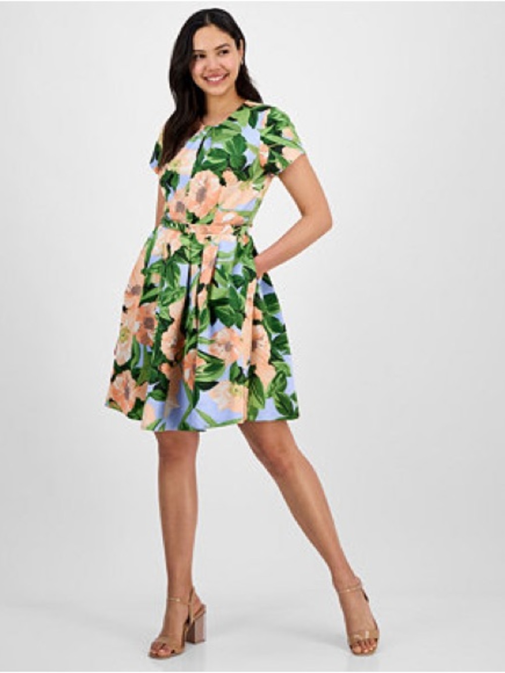 Tahari Peach and Green Floral Fit-&-Flare Mini Dress